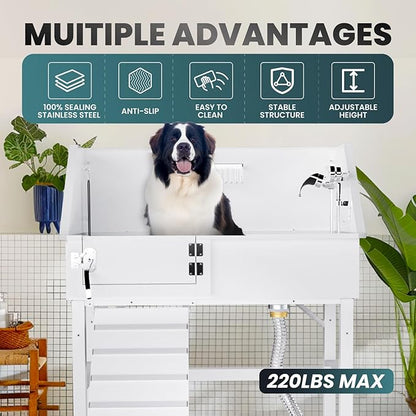 Dog Washing Station for Home, 38" White Professional Stainless Steel Dog Grooming Tub, Height Adjustable Dog Bathing Station, Upgrade Parts, Dog Bath Tubs for Small &amp; Medium Dogs(Left Ramp)