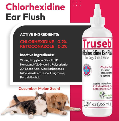 All Natural Ear Flush for Dogs &amp; Cats, Ketoconazole &amp; Chlorhexidine Ear and Vet-Strength Ear wash with a Light Scent (USA) (Ketoconazole &amp; Chlorhexidine Ear Flush, 12 oz)