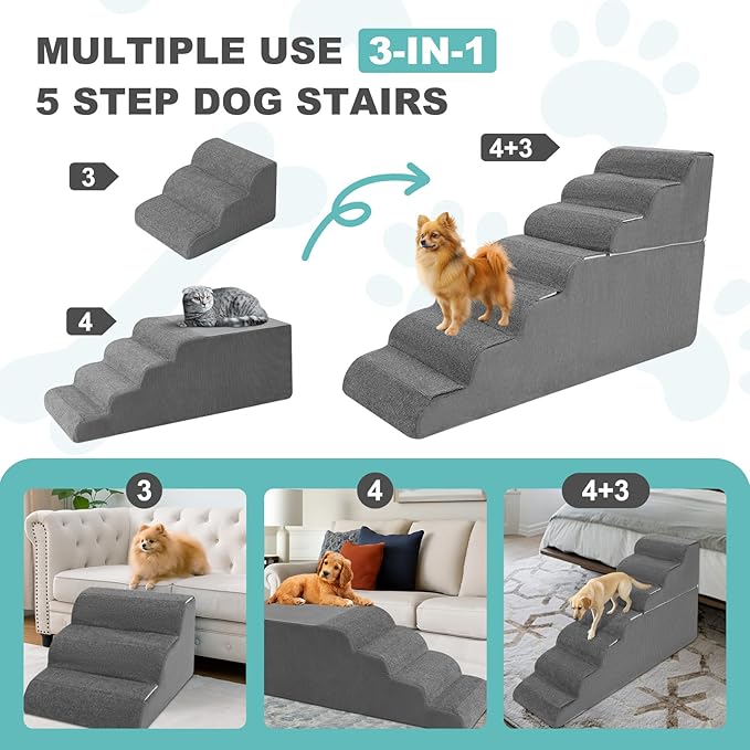 5-Step Dog Stairs for High Bed - 21.3" Adjustable Dog Ramps for Couch, Non-Slip Sturdy Pet Steps for Small Dogs, Washable Cover, Removable Modular Design, Dual 11” &amp; 12.83” Steps for Custom Height