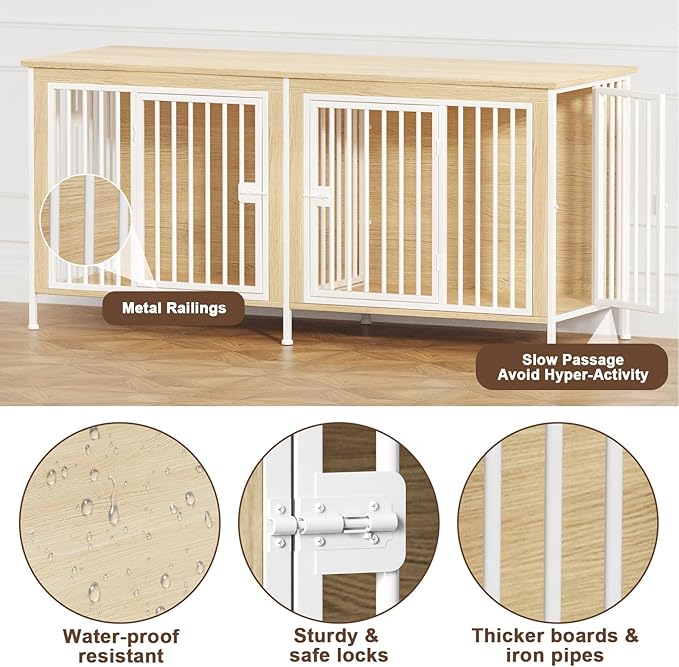 EasyCom 63" Dog Cage Furniture for 2 Pets with Divider, XL Wooden Double Dog Crate Furniture TV Stand for Mideum Breed, Durable and Sturdy