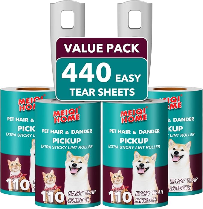 MEIQIHOME Lint Rollers for Pet Hair Extra Sticky, 440 Sheets Value Set Lint Roller with 2 Upgraded Handles, 4 Rollers Portable Pet Lint Remover for Clothes, Furniture, Carpet, Dog &amp; Cat Hair Removal