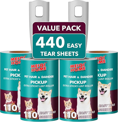 MEIQIHOME Lint Rollers for Pet Hair Extra Sticky, 440 Sheets Value Set Lint Roller with 2 Upgraded Handles, 4 Rollers Portable Pet Lint Remover for Clothes, Furniture, Carpet, Dog &amp; Cat Hair Removal