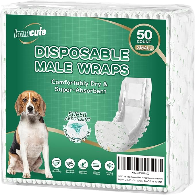 IMMCUTE Dog Diapers Male Small 50 Ct, Male Dog Diapers Disposable with Wetness Indicator, Adjustable Puppy Diapers Male, Flashdry Gel Technology, Male Dog Wraps for Incontinence &amp; Marking