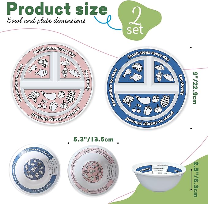4 Pcs Portion Control Plates &amp; Bowls Set (2 Plates + 2 Bowls, 9 Inch) - Self-Measuring for Weight Loss, Gastric Bypass, LapBand, Diabetes &amp; Healthy Diets, Pink &amp; Blue, for Adults &amp; Children