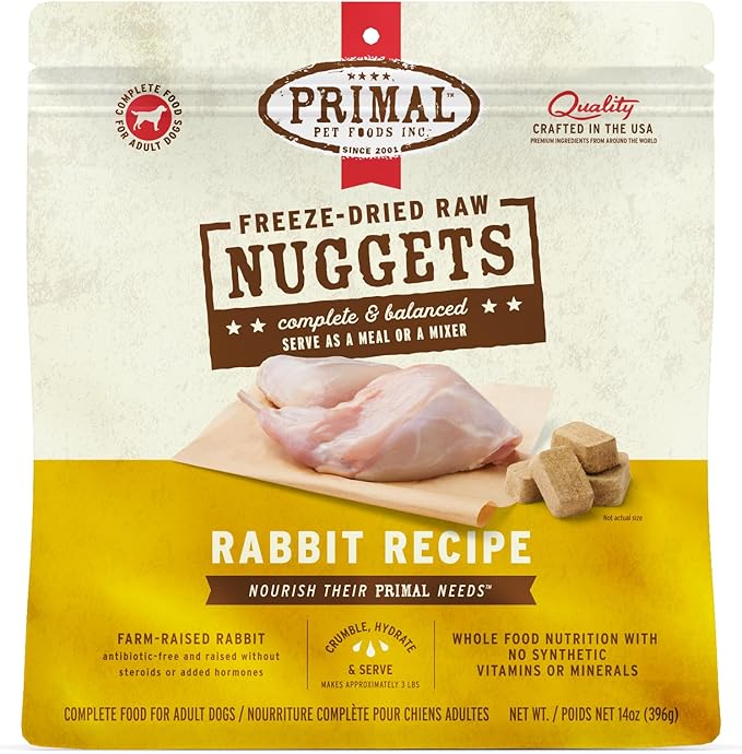 Primal Freeze Dried Raw Dog Food Nuggets, Rabbit, Complete &amp; Balanced Meal, Also Use as Topper or Treat, Premium, Healthy, Grain Free, High Protein Raw Dog Food, 14 oz