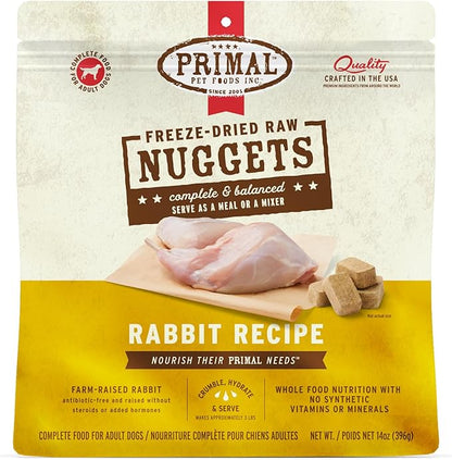 Primal Freeze Dried Raw Dog Food Nuggets, Rabbit, Complete &amp; Balanced Meal, Also Use as Topper or Treat, Premium, Healthy, Grain Free, High Protein Raw Dog Food, 14 oz
