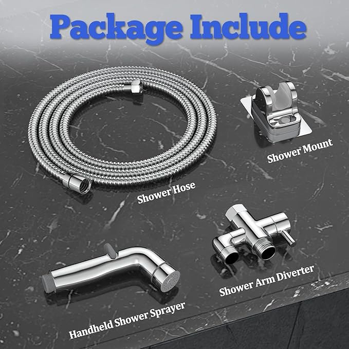 Dog Shower Attachment Metal, YDmeet Pet Washing Hose Attachment for Fast &amp; Clean Bathing, Brass 3 Way Diverter, Adjustable Sprayer wtih Turn Off, 8 ft Hose and Holder, Chrome