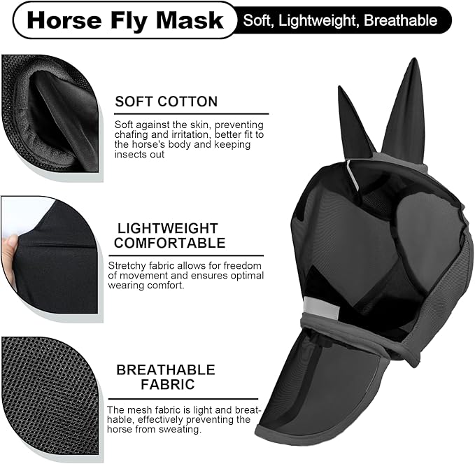 Luminous Horse Fly Mask with Long Nose, Ears, Full Face &amp; Eye Protection - Full Mesh, Detachable Nose Cover, Fleece Padded Edging, Hook-and-Loop Straps with Webbing, Hanging Straps Black