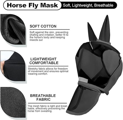 Luminous Horse Fly Mask with Long Nose, Ears, Full Face &amp; Eye Protection - Full Mesh, Detachable Nose Cover, Fleece Padded Edging, Hook-and-Loop Straps with Webbing, Hanging Straps Black