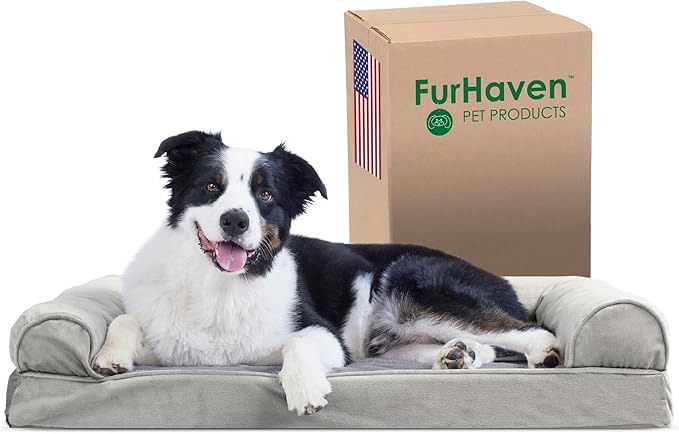 Furhaven Cooling Gel Dog Bed for Large/Medium Dogs w/ Removable Bolsters &amp; Washable Cover, For Dogs Up to 55 lbs - Faux Fur &amp; Velvet Sofa - Smoke Gray, Large