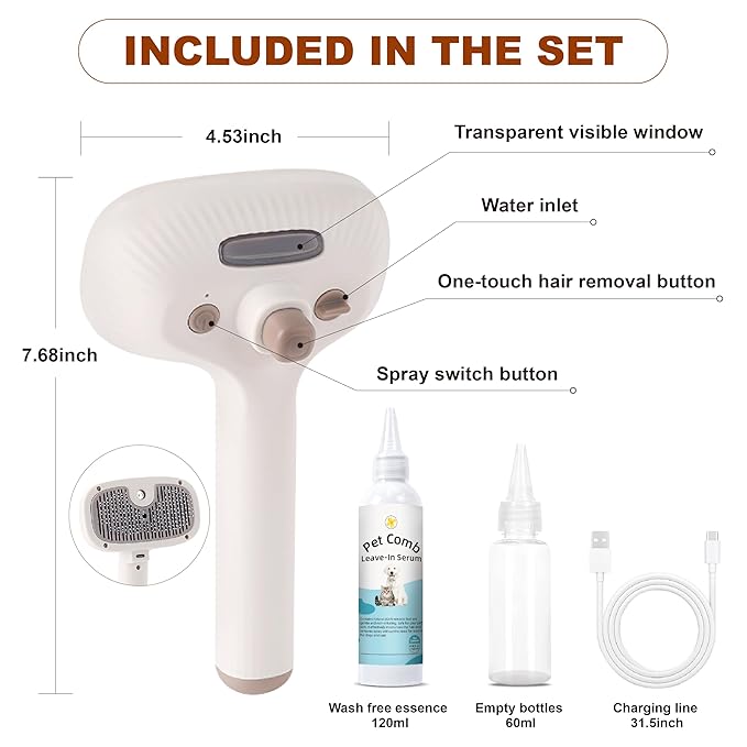 Cat Steam Brush, Dog Brush for Shedding, Pet Spray Hair Removal Comb, Pet Grooming Brush for Short &amp; Long Haired Dogs &amp; Cats,Spritz Defur Comb with Waterless Shampoo (White)