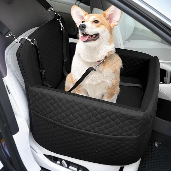 Dog Car Seat for Small &amp; Medium Dogs Under 35lbs, Detachable &amp; Washable Pet Car Seat, Interior Height 6 Inches Pet Travel Bed with Storage Pockets and 2 Dog Safety Belts (Black)