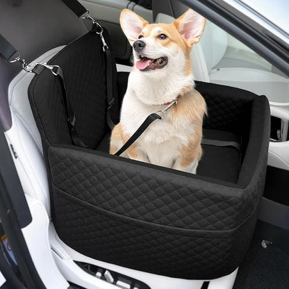 Dog Car Seat for Small &amp; Medium Dogs Under 35lbs, Detachable &amp; Washable Pet Car Seat, Interior Height 6 Inches Pet Travel Bed with Storage Pockets and 2 Dog Safety Belts (Black)