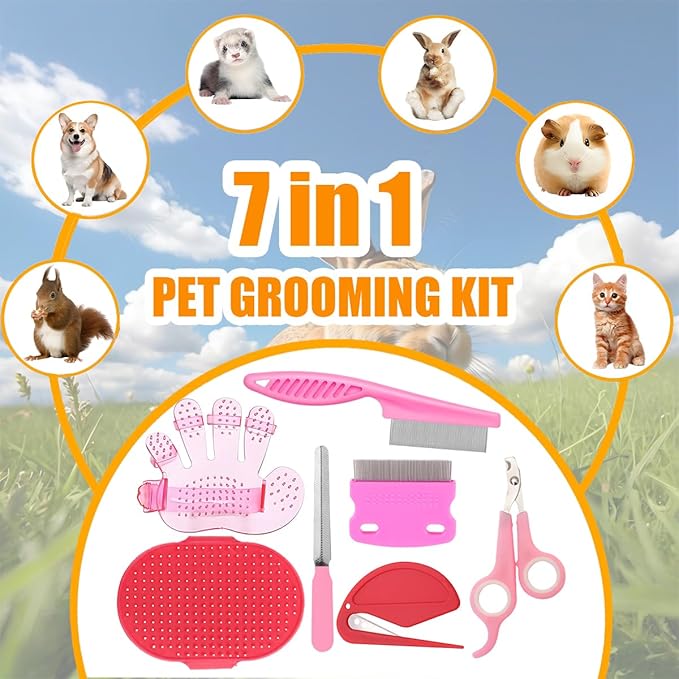 Rabbit Grooming Kit – Bunny Grooming Kit with Shedding Brush, Nail Clippers &amp; Comb – Small Animal Grooming Supplies for Rabbits, Guinea Pigs, Hamsters, Ferrets - Small Pet Shedding &amp; Care (Pink)