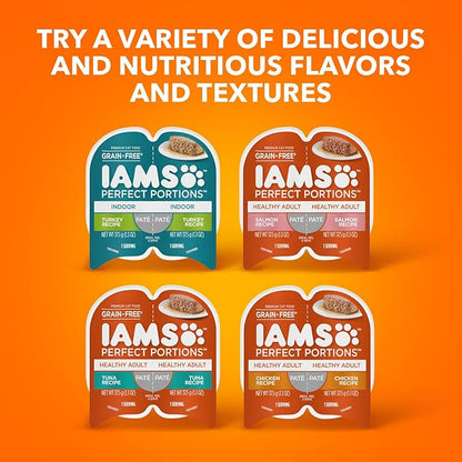IAMS Perfect Portions Healthy Adult Grain Free Wet Cat Food Pate, Chicken Recipe, 2.6 oz. Easy Peel Twin-Pack Trays (24 Count, 48 Servings)