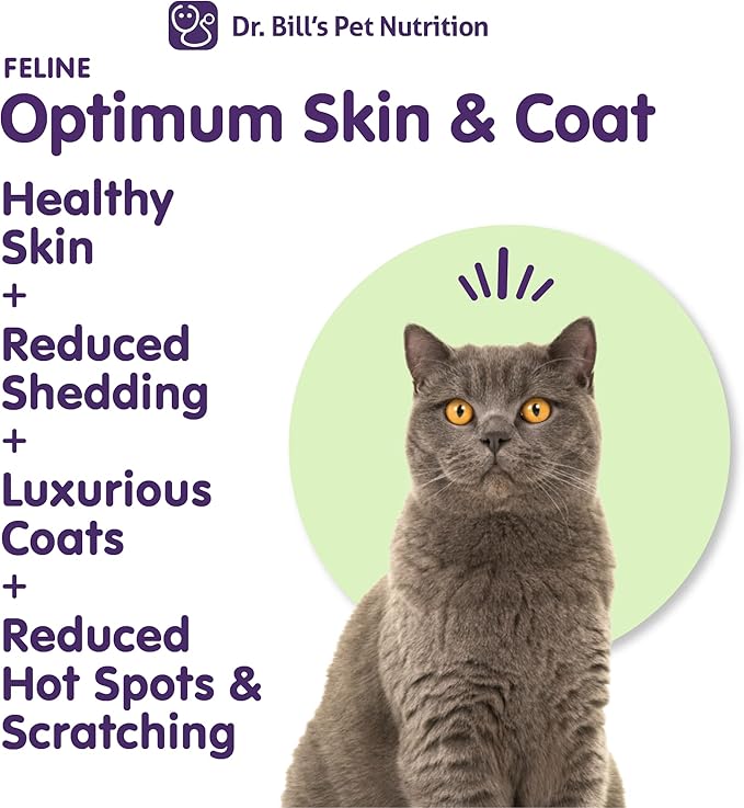 Dr. Bill’s Feline Optimum Skin &amp; Coat – Fish Oil Omega-3 Fatty Acids for Cats Healthy Fur | Reduce Shedding and Hairballs with Biotin, Type I &amp; III Marine Collagen, Hyaluronic Acid, &amp; Folic Acid