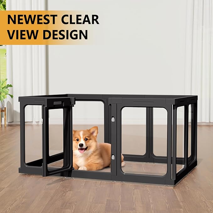 Clear Acrylic Dog Playpen with Door, for Puppy Cat Rabbit Transparent Pet Pen, Black Dog Playpen Indoor, Dog Fence, Easy Assemble &amp; Cleaning Dog Pen for Small &amp; Medium Dogs (23.6“ Height, 14PCS)