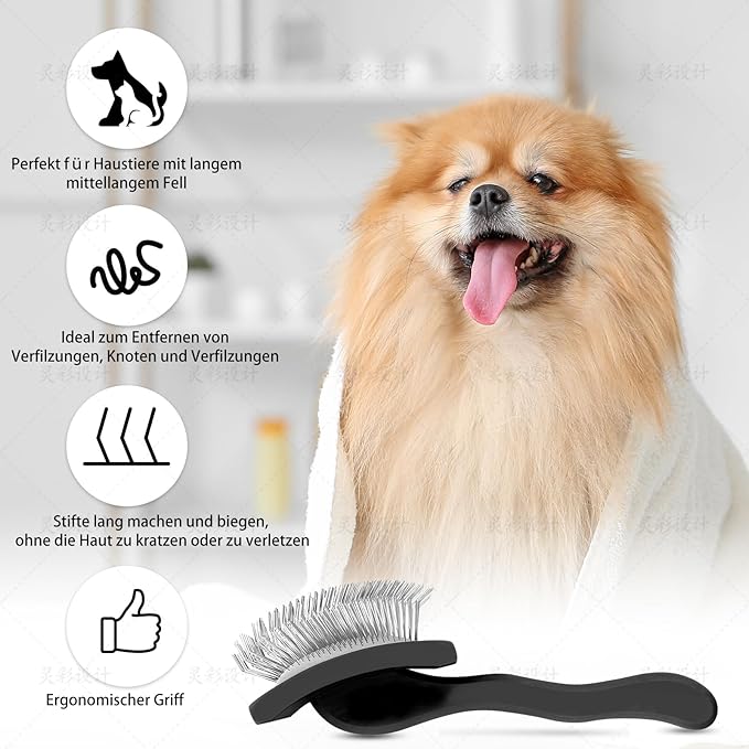 Slicker Brush for Dogs, Long Pin Dog Grooming Brush for Goldendoodles, Poodles, Doodles, Includes Pet Comb &amp; Undercoat Rake, Perfect for De-Shedding, Dematting &amp; Reducing Tangles. Large, Black