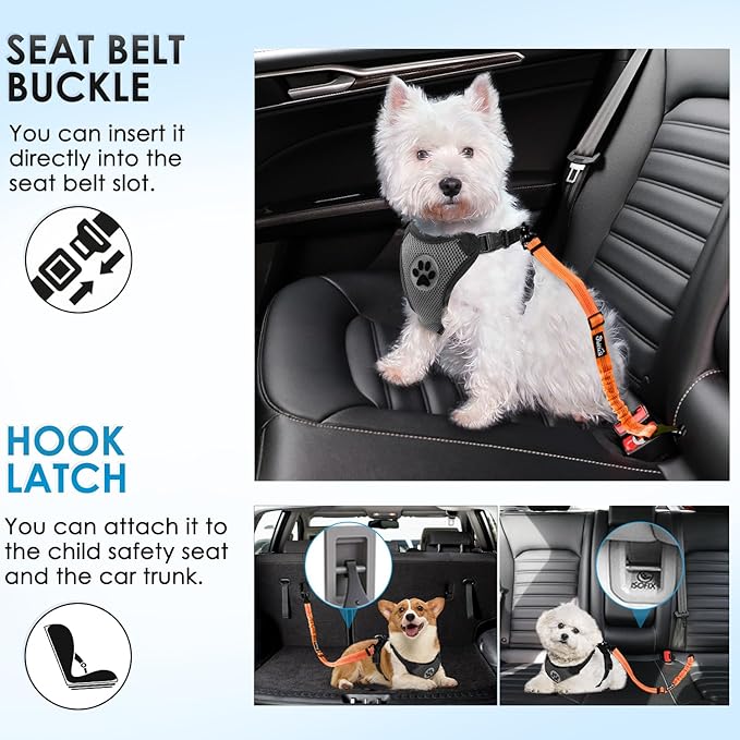 Lukovee Dog Seatbelt Leash for Cars, 2 Pack Pet Safety Car Seat Belt with Adjustable Buckle &amp; Reflective Bungee, Connect Dog Harness in Vehicle Car Dogs Restraint Travel Daily Use (Orange)