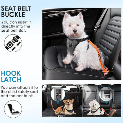 Lukovee Dog Seatbelt Leash for Cars, 2 Pack Pet Safety Car Seat Belt with Adjustable Buckle &amp; Reflective Bungee, Connect Dog Harness in Vehicle Car Dogs Restraint Travel Daily Use (Orange)