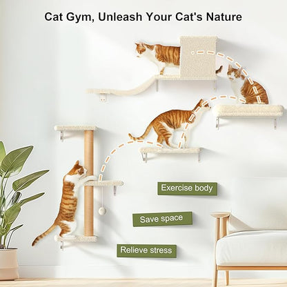 FUKUMARU Cat Wall Shelves, Stable &amp; Safe 4 in 1 Large Cat Walls Furniture Set, Wooden Kitten Climbing Wall with Scratching Post for 16 Inch Drywall - Beige