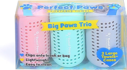 Sweet Paws Portable Dog Paw Towel, Lightweight &amp; Super Absorbent Microfiber, Clips onto Leash, Quick Drying Towel for Dogs Paws with Silicone Case, Dry Dog’s Paws on The Go - 3 Pieces Set - Large