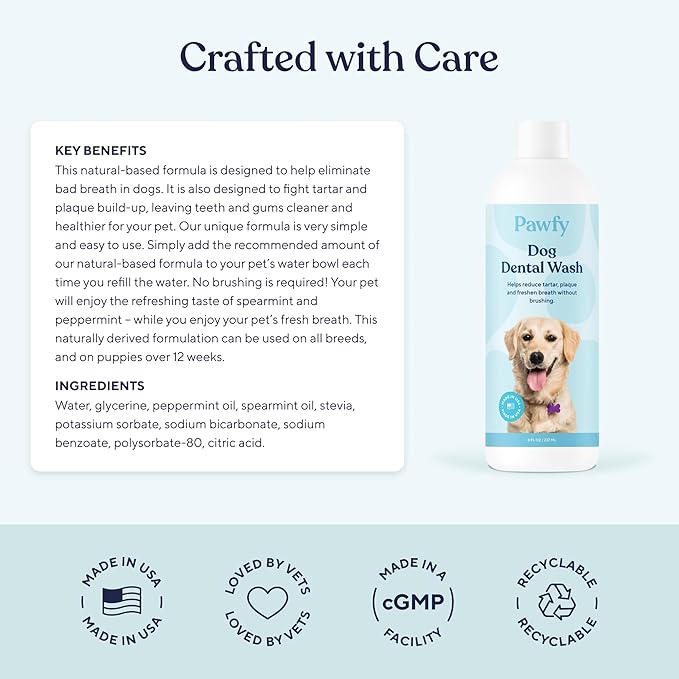 Pawfy Dog Breath Freshener with Specialized Dental Care Formula | Dog Teeth Cleaning &amp; Mouthwash | Helps Freshen Dogs Breath with Easy Water Additive | Supports Plaque and Tartar Control