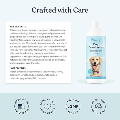 Pawfy Dog Breath Freshener with Specialized Dental Care Formula | Dog Teeth Cleaning &amp; Mouthwash | Helps Freshen Dogs Breath with Easy Water Additive | Supports Plaque and Tartar Control