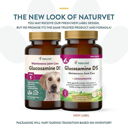 NaturVet Glucosamine DS Level 1 Maintenance Care Hip &amp; Joint Support Pet Supplement for Dogs &amp; Cats –Glucosamine, Chondroitin, Antioxidants –Supports Cartilage, Joint Function – 150 Ct.