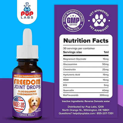 Freedom Joint Drops for Dogs with Hyaluronic Acid, MSM, Glucosamine, &amp; Chondroitin, All Natural Liquid Joint Supplement for Dogs for Pain Relief, Mobility and Hip Support, 30 ml Dropper
