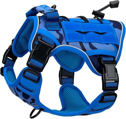 Heavy-Duty Tactical Dog Harness for Large Dogs, No Pull Adjustable Reflective Pet Vest with Molle System, K9 Military-Grade Control for Service Training, Outdoor &amp; 10+ Breeds, Blue Camo, Small