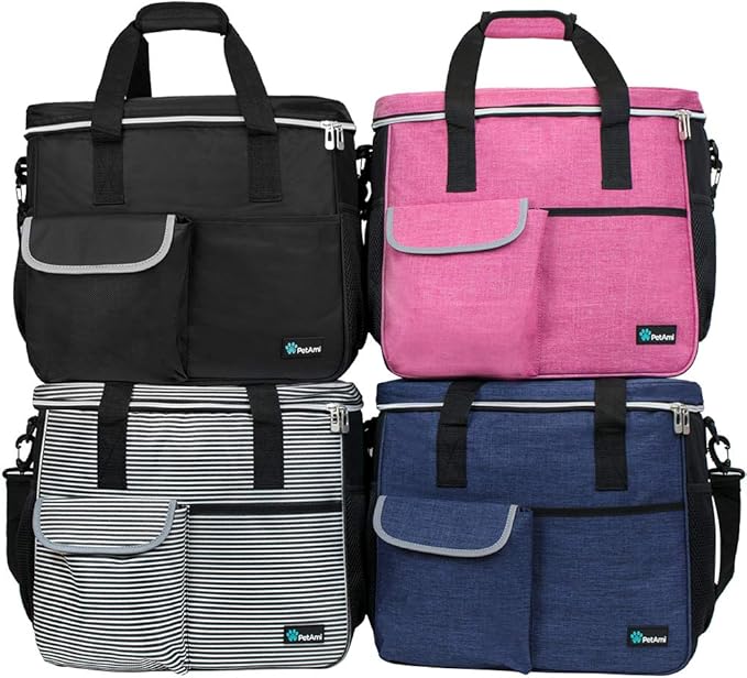 PetAmi Dog Travel Bag - Organizer with Food Container, Bowls &amp; Accessories for Weekend Camping, Cat Diaper Bag (Stripe Black, Large)