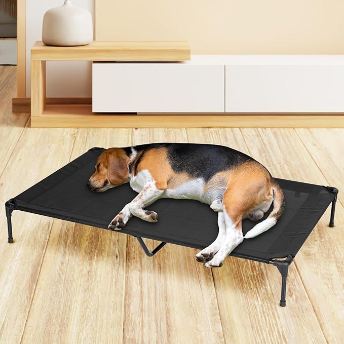 Elevated Dog Bed for Outdoor, Medium Raised Dog Cot with Washable Mesh, Cooling Pet Cot Chew Proof for Outside Camping, 32"x25" Black