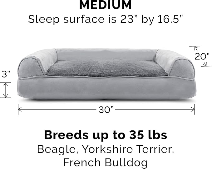 Furhaven Pillow Dog Bed for Medium/Small Dogs w/ Removable Bolsters &amp; Washable Cover - Plush &amp; Suede Sofa - Gray, Medium