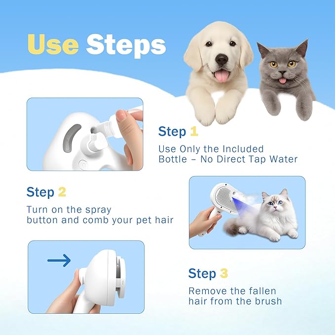 4-in-1 Pet Grooming Steam Brush for Cats &amp; Dogs – Steam Spray, Blue Light, Hair Removal, Self-Cleaning Comb – Includes Pet Waterless Shampoo