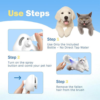 4-in-1 Pet Grooming Steam Brush for Cats &amp; Dogs – Steam Spray, Blue Light, Hair Removal, Self-Cleaning Comb – Includes Pet Waterless Shampoo