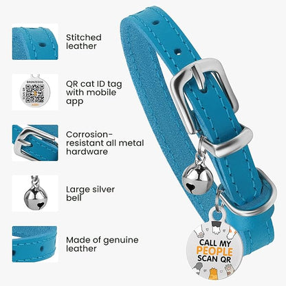 BRONZEDOG Leather Cat Collar with Removable Bells Non Breakaway Kitten QR Tag for Girl Boy (7" - 9" for Cats, Blue &amp; Silver)