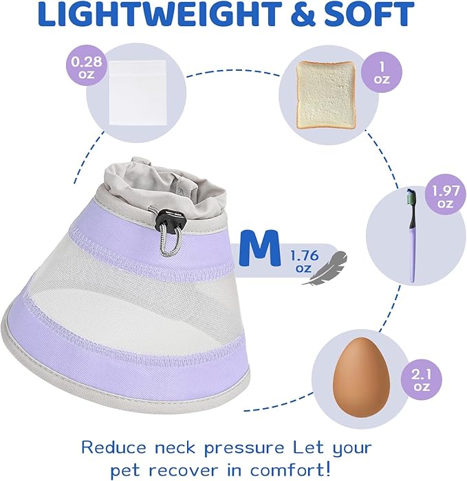 Breathable Air Mesh Cat Cone Collar Soft to Stop Licking, Adjustable, Foldable Lightweight Kitten Cones After Surgery Recovery for Cats &amp; Kittens (Light Purple,M)