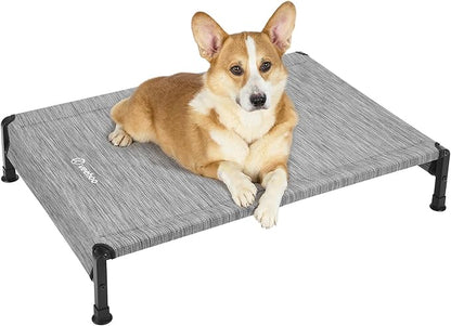 Veehoo Cooling Outdoor Dog Bed, Heavy Duty Elevated Pet Bed with Washable &amp; Breathable Teslin Mesh, Non-Slip Silicon Feet, Dog Cot Bed with Support Hem, 35" x 22", Black Silver, CWC2433