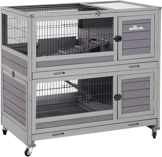 Aivituvin Rabbit Hutch Rabbit Cage Outdoor &amp; Indoor on Wheels Bunny cage with Deep No Leak Pull Out Tray,Upgrade Version (Gray)