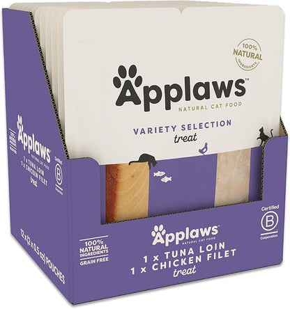Applaws Natural Cat Treats, Grain-Free, High-Protein Whole Chicken &amp; Tuna Loins, Single-Ingredient Healthy Snack for Cats (12 x 1.06 oz Loins)