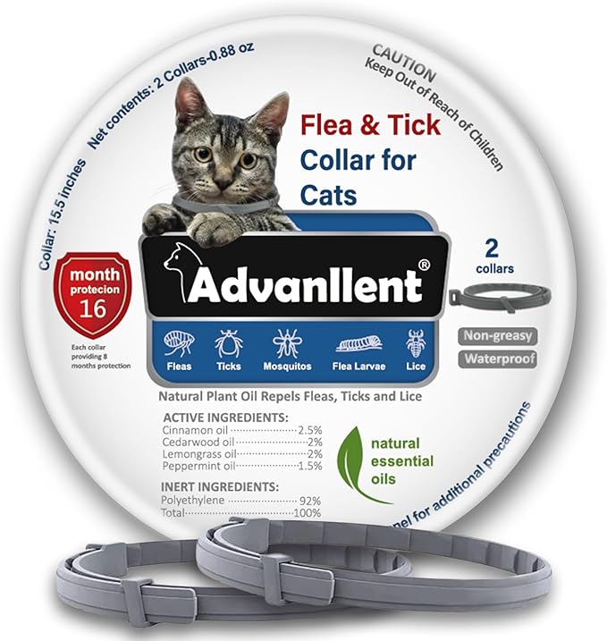 Flea Collar for Cats, Flea and Tick Collars for Kittens, Flea &amp; Tick Treatment Prevention, Natural Essential Oil, 2 Pack, 16 Months Protection, One Size Fits All, Waterproof