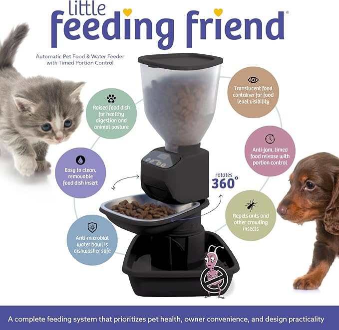 Automatic Dog &amp; Cat Food Feeder with Water Dispenser – Smart Pet Feeder with Portion Control, OLED Display, Anti Jam Design, Battery Operated Dispenser for Small Pets - Black
