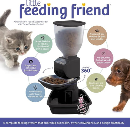 Automatic Dog &amp; Cat Food Feeder with Water Dispenser – Smart Pet Feeder with Portion Control, OLED Display, Anti Jam Design, Battery Operated Dispenser for Small Pets - Black