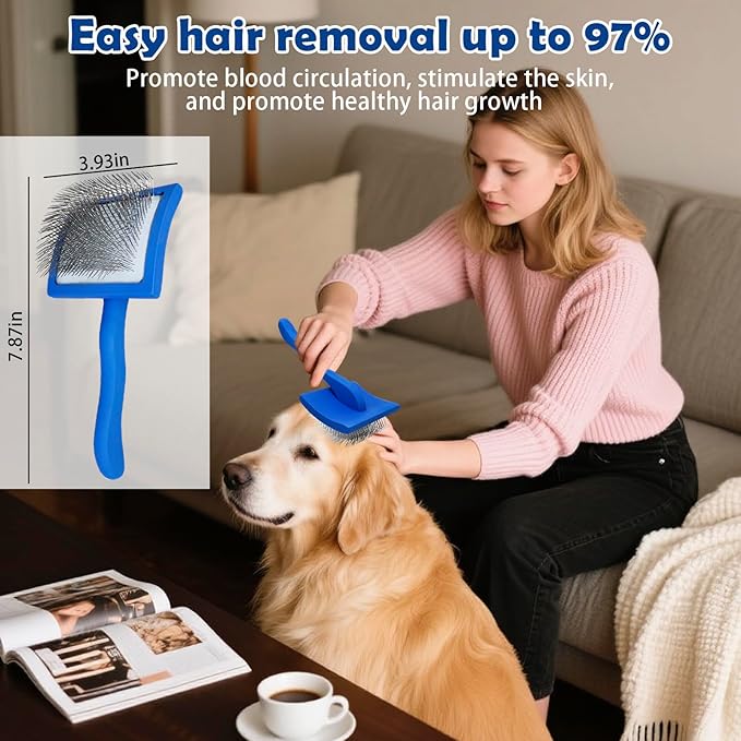 Dog Grooming Brush Set – 5-Piece Kit for Medium &amp; Long-Haired Dogs | Includes Long Pin Brush, Flea Comb, Bath Glove, Silicone Glove, Metal Comb | For Poodles, Huskies &amp; More (Blue)