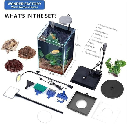 Wonderfactory 3 Gallon Aquarium Fish Tank, Self-Cleaning Betta Tank with Filter and Light, Starter kit with Rocks, Plants &amp; Cleaning Tools, Suitable for Beginners and Hobbyists