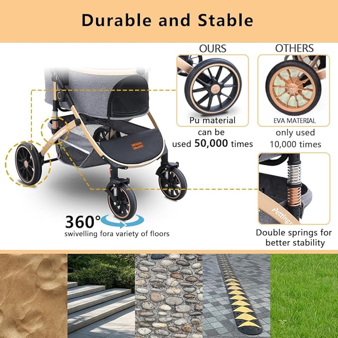Pettingzoo Dog stroller with 4 Wheels, Folding Cat Stroller for Small/Medium/Large dogs &amp; cats to 60 lbs, pet stroller with removable carrier, Storage BasketCup Holder,3 in1 Multifunctional Detachable