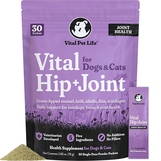 Vital Hip &amp; Joint Supplement for Dogs and Cats - Dog Joint Supplement, Mobility Support, Inflammation Defense, Green Lipped Mussels, Krill, Collagen for Dogs, Veterinarian Developed, 30 Packets