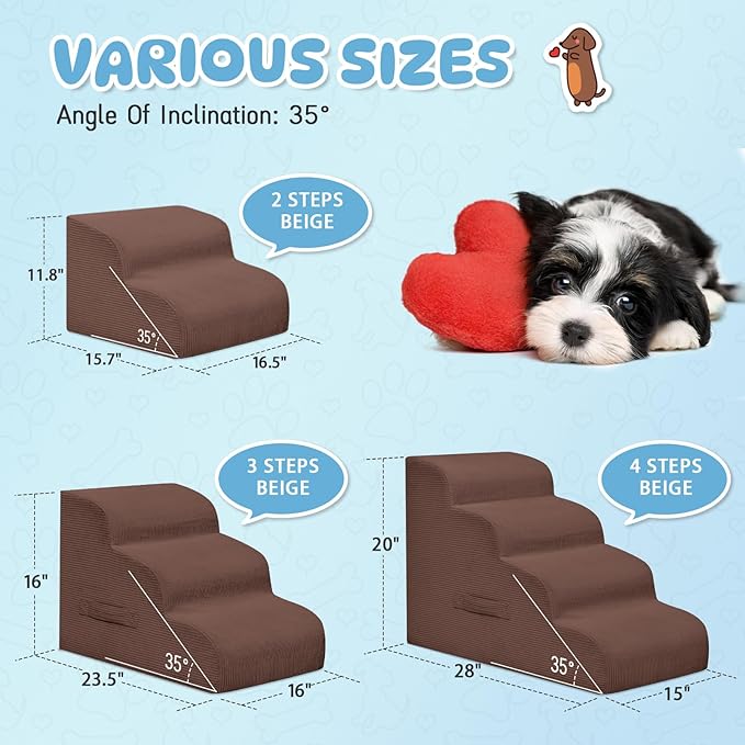 Dog Stairs &amp; Steps for High Beds, 2 Steps High Density Foam Waterproof Dog Ramp for Small Dogs and Cats, Pet Stairs with Washable Cover for Bed, Couch, Sofa and Car, Coffee (H: 11.8")