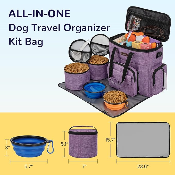 Modoker Dog Travel Organizer Carriers for Supplies &amp; Accessories, Airline Approved Cat Pet Travel Bag, 2 Collapsible Bowls, 2 Travel Dog Food Container, Purple
